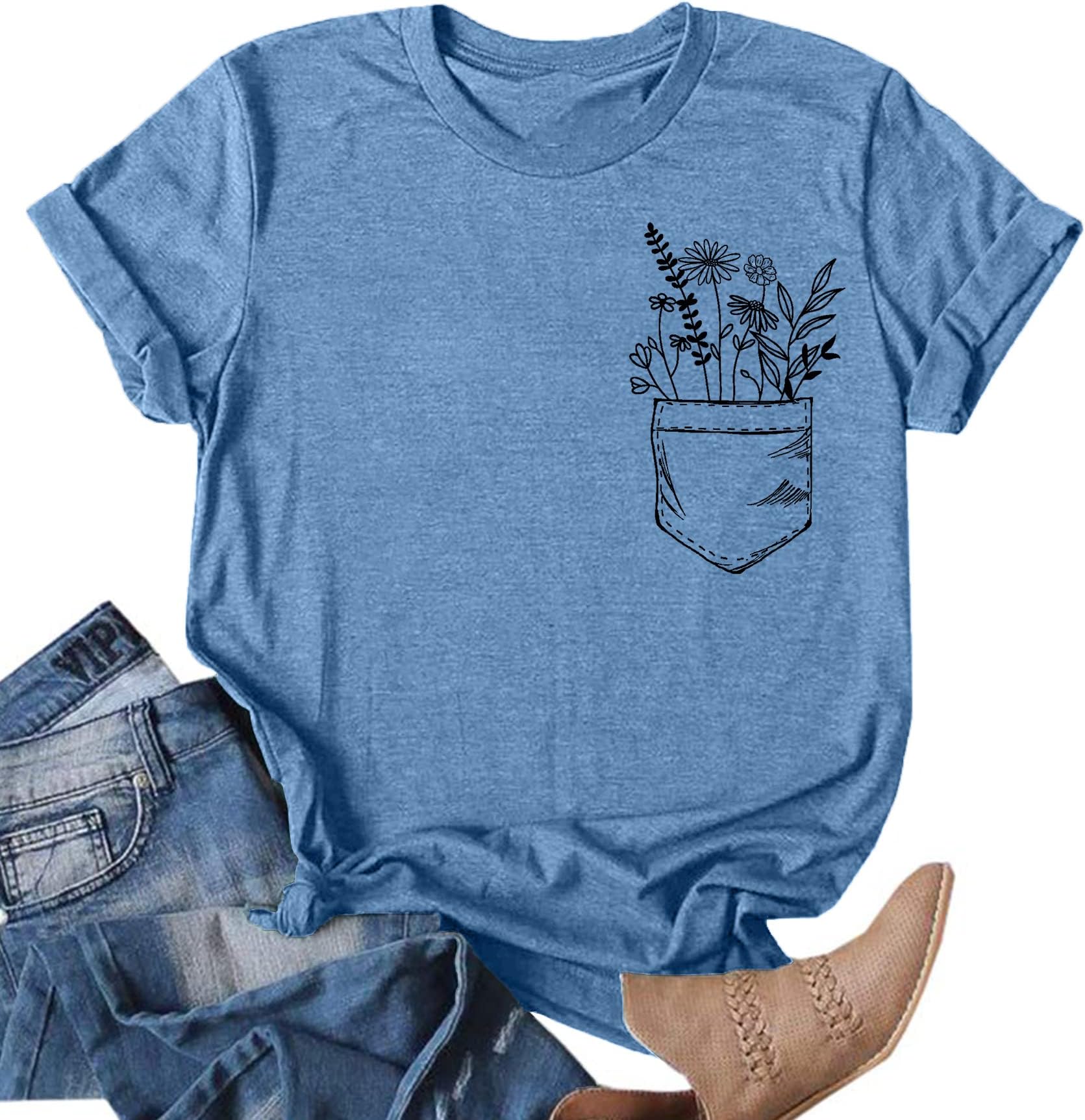 VVNTYWildflower Shirt Women Floral Graphic Tee Shirt Funny Pocket Tshirts Flower Short Sleeve Casual Blouse Top