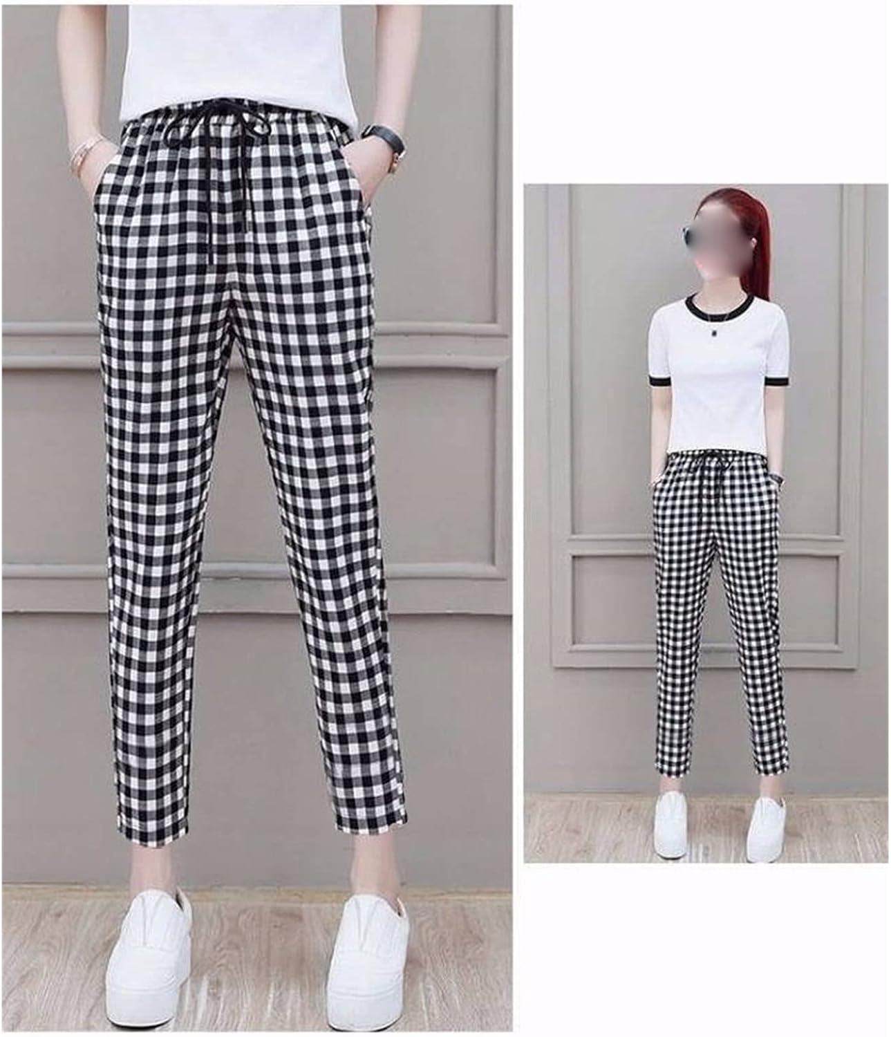 Women's Summer High Waist Slim Harem Ninth Pants Drawstring Elastic Waist Ankle Length Pants Stretch Tapered Pants