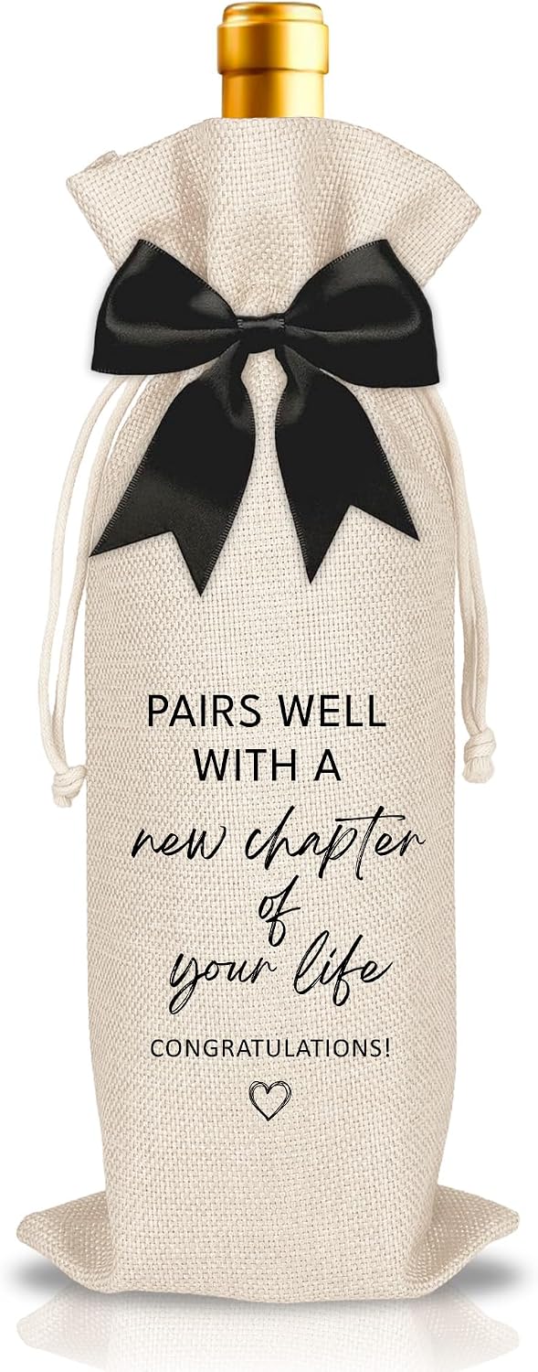 1 Pcs Burlap Wine Bottle Bag, Funny New Chapter Wine Bag, Farewell Party Gifts for Men Women Friends Going Away, Fits for Retirement New Beginning, Pairs Well With a New Chapter of Your Life