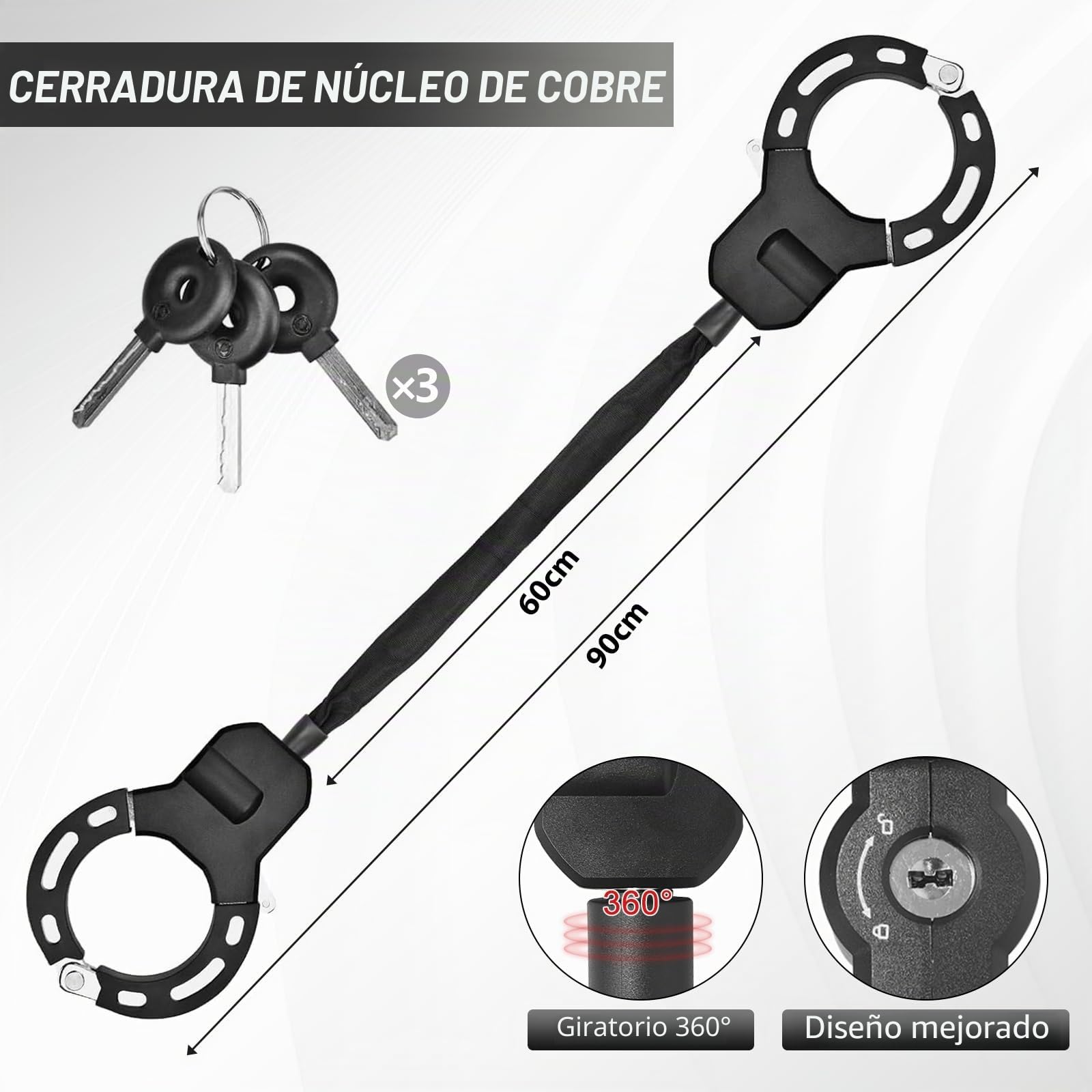 Candado Patinete Electrico, Candado Bicicleta, Candado Antirrobo para Scooters con 3 Llave y Bolsa Impermeable, Alta Seguridad Antirrobo Cadena para Patinete Eléctricas, Motos