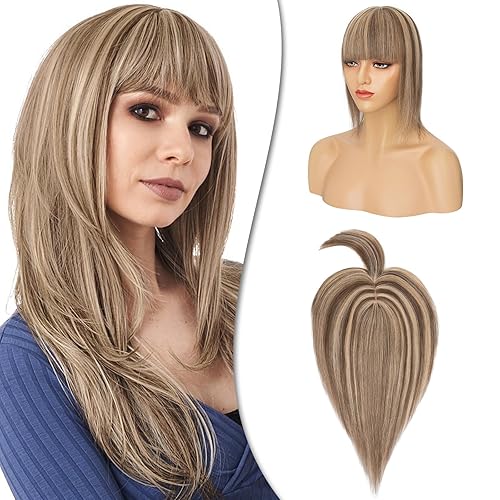 Miniatura 8 de Hairro Toppers de cabello humano con flequillo clip en Remy Topper postizo para mujeres clip en tupé Wispy parte media pérdida de cabello