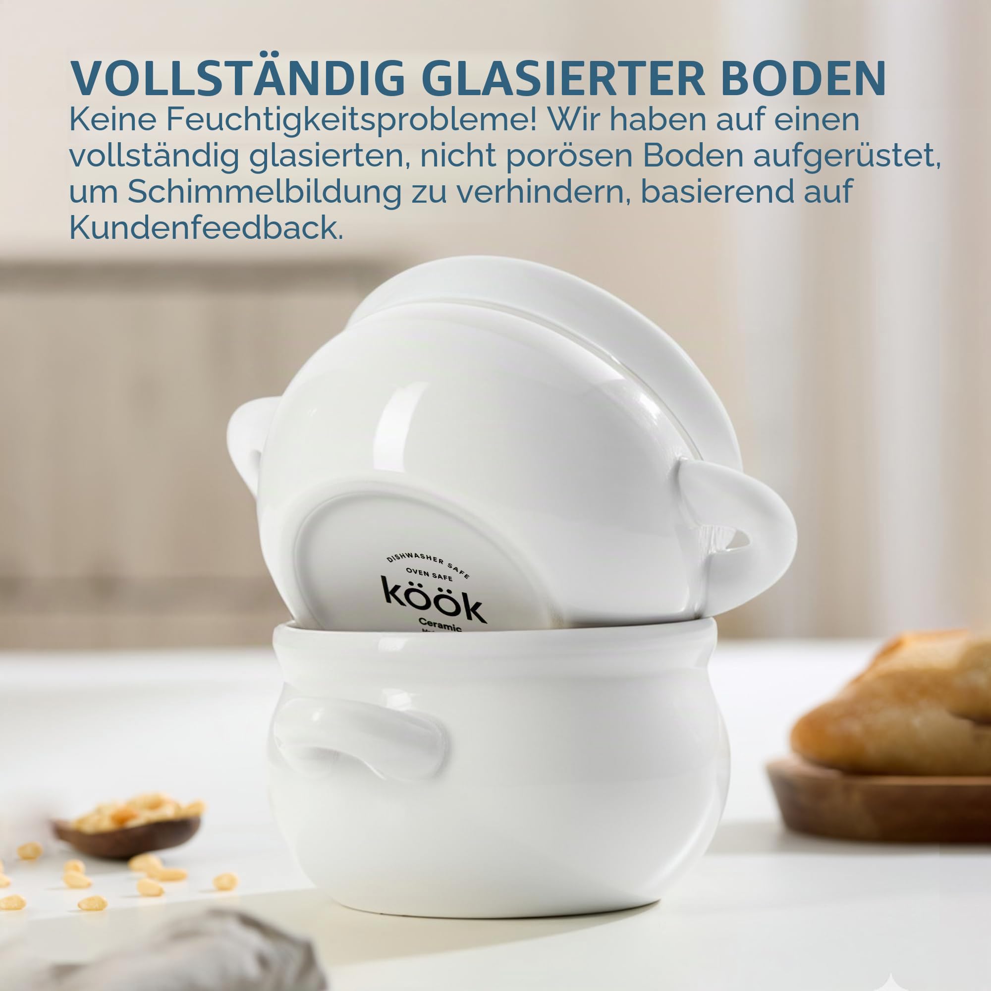KooK Französische Zwiebelsuppentöpfe mit Griffen, Keramik, spülmaschinen-, mikrowellen-, ofen- und bratfest, Weiß, 4 Stück, 530 ml