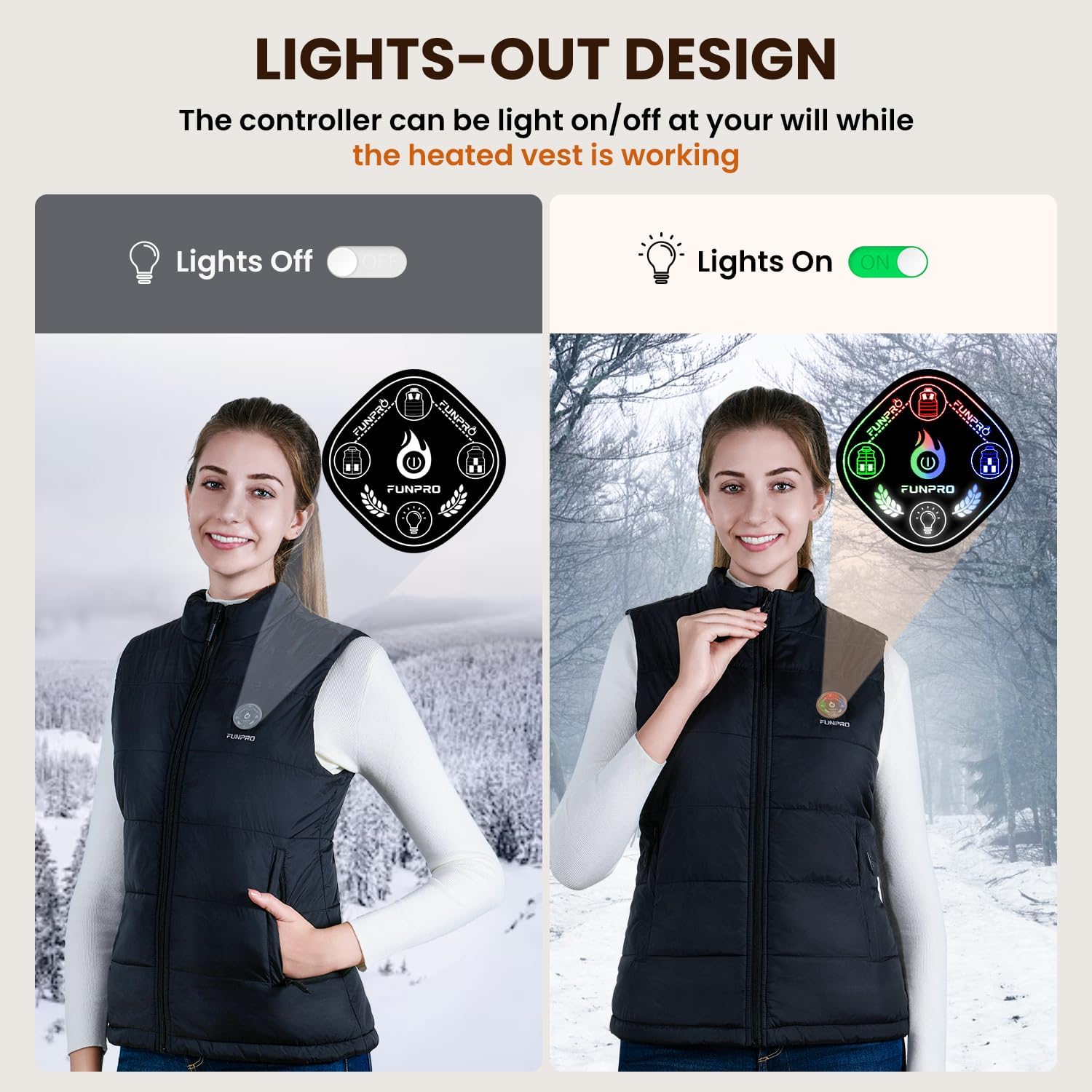 Miniatura 4 de FUNPRO Chaleco térmico para mujer, controlador inteligente 5 en 1, chaleco térmico con diseño de luces (no incluye batería)