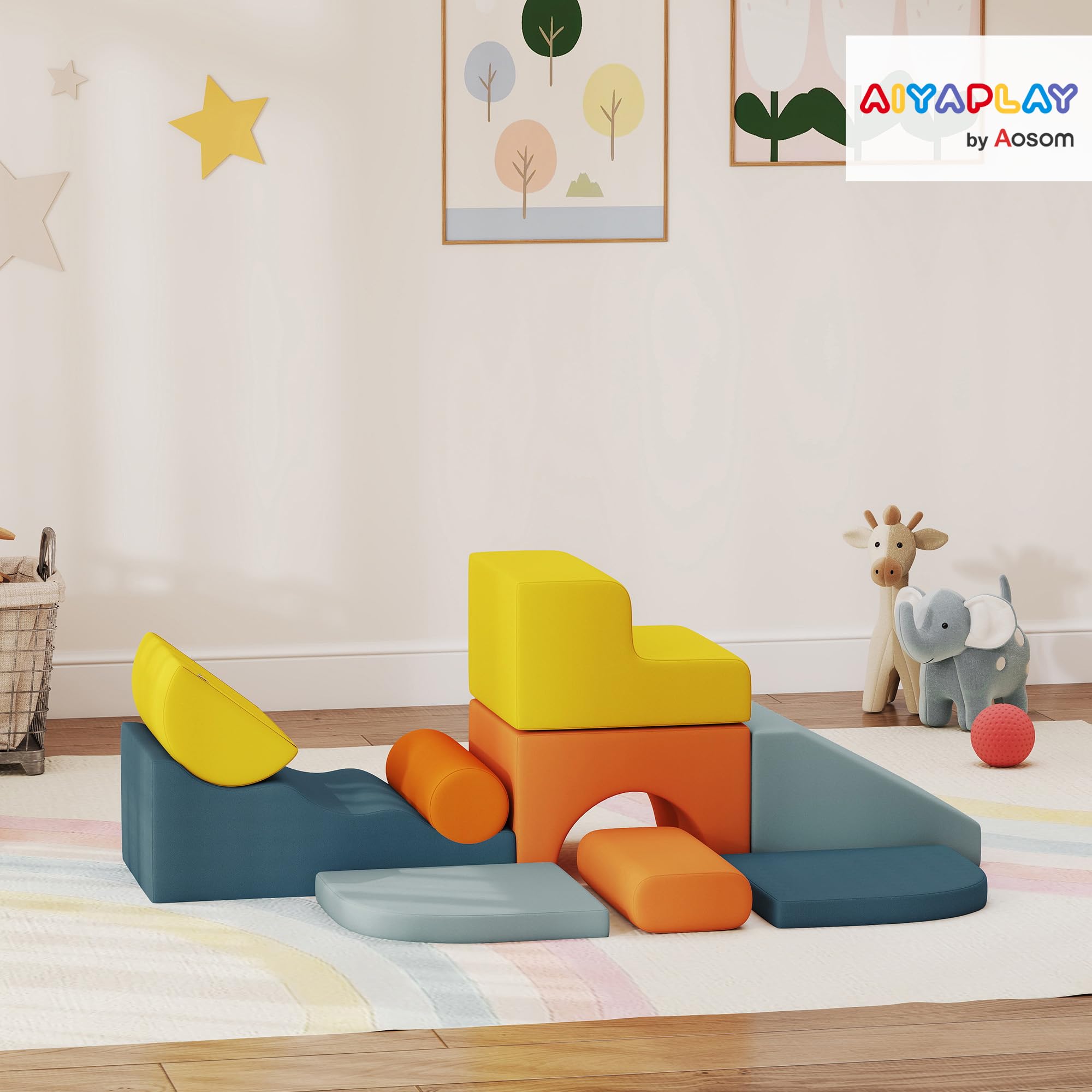 AIYAPLAY Juego de 9 Bloques de Espuma para Niños con Fundas de Terciopelo Lavables, Bloques de Psicomotricidad Set de Escalada para Interior, para Escalar y Gatear, Multicolor