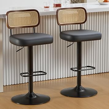 Swivel Bar Stools Set of 2, Adjustable Barstools from 25" to 33", Upholstered Faux Leather Bar Chairs with Rattan Backrest & Enlarged Base for Counter, Kitchen Island & Pub, Black