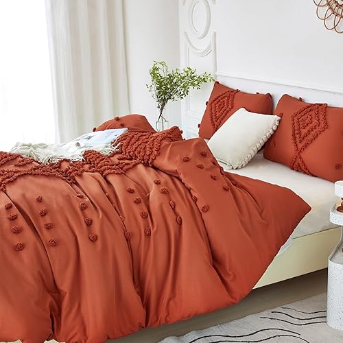 Miniatura 3 de PERFEMET Juego de edredón tamaño King terracota de 3 piezas, edredón copetudo, color naranja quemado, suave, esponjoso, bohemio, juego de ropa de