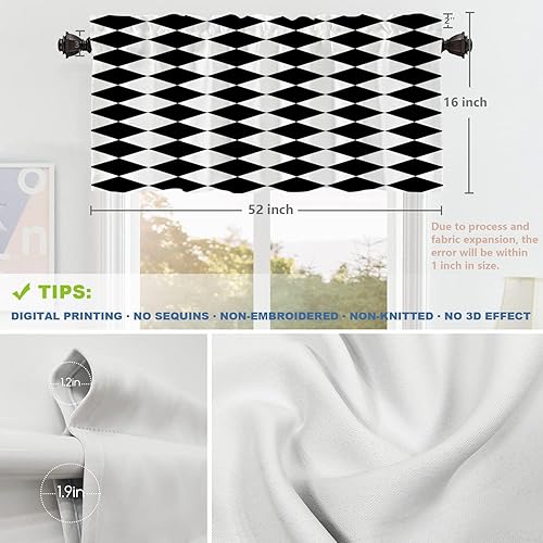 Miniatura 5 de Shrahala Cenefas de cocina de diamante blanco y negro, diseño abstracto de arlequín blanco y negro, tratamiento de ventana de poliéster multicapa