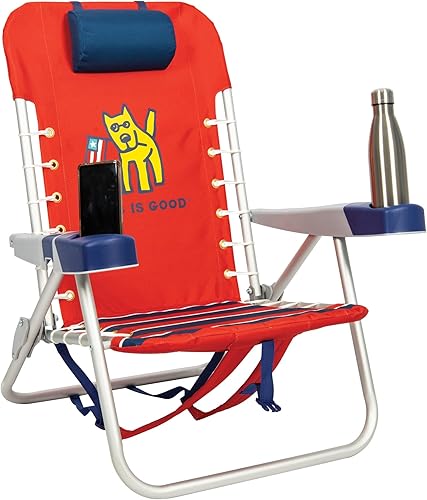 Miniatura 6 de Life is Good Silla de playa con mochila con cordones de 4 posiciones con almohada, taza y soporte para teléfono, rojo desteñido