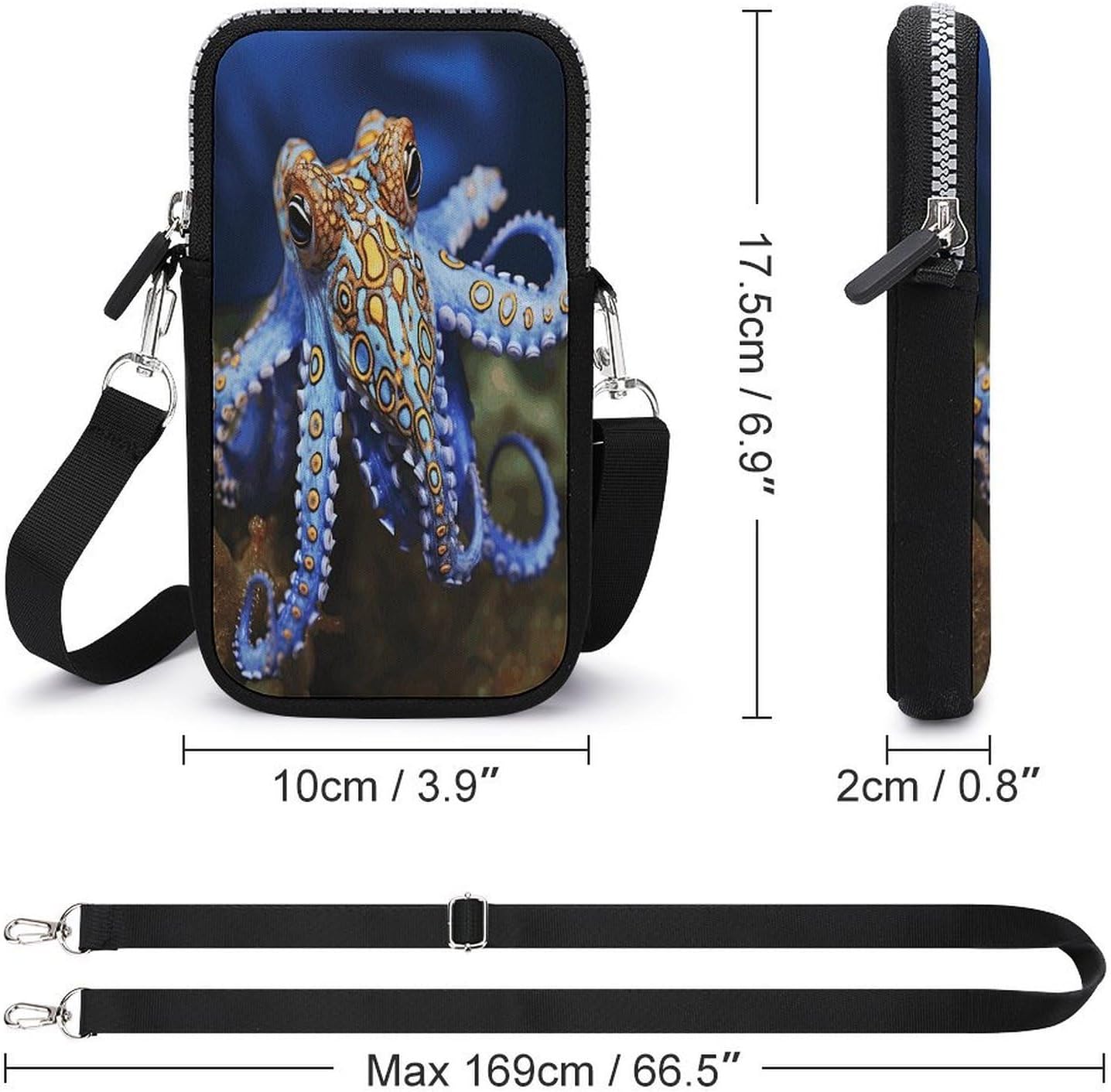 Blue Ringed Octopus Phone Purse Cute Crossbody Bags Small Crossbody Purse with Strap&Zipper Cell Phone Bag Smart Phone Wallet Crossbody Wallet Mini Shoulder Purses Phone Pouch