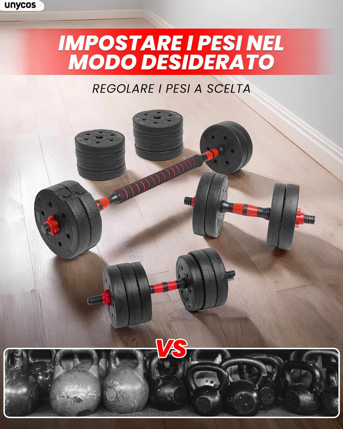 Manubri Regolabili Unycos 10-40 Kg – Set 4 In 1 Con Barra, Kettlebell E Supporto Flessioni, Con E-book 50 Esercizi