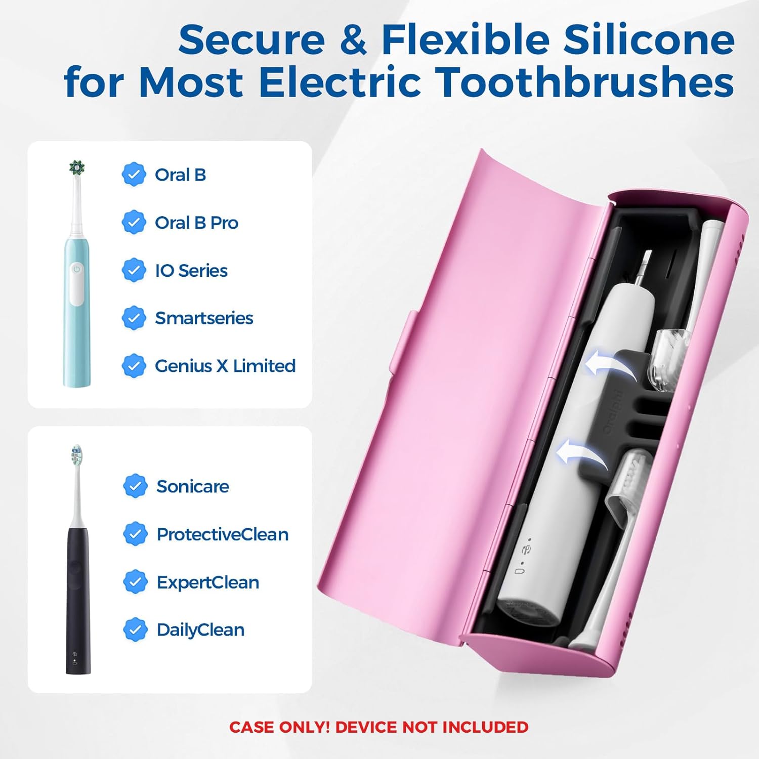 Aluminum Electric Toothbrush Travel Case, 2 in 1 Travel Toothbrush Holder for Oral B/Oral-B Pro 1000 1500 5000 7000 and Most Electric Toothbrush for Traveling, Removable Silicone Liner-Pink