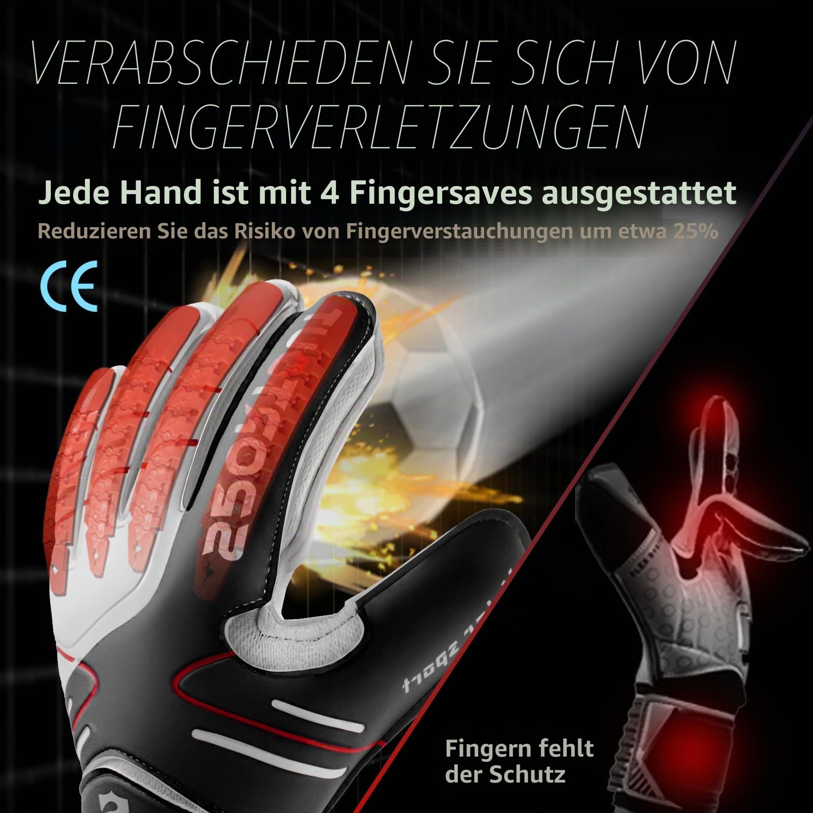 Sportout Torwarthandschuhe Kinder und Herren mit Fingersave Fußballhandschuhe mit Fingerschutz Torwart Handschuhe mit rutschfeste 4mm Latex