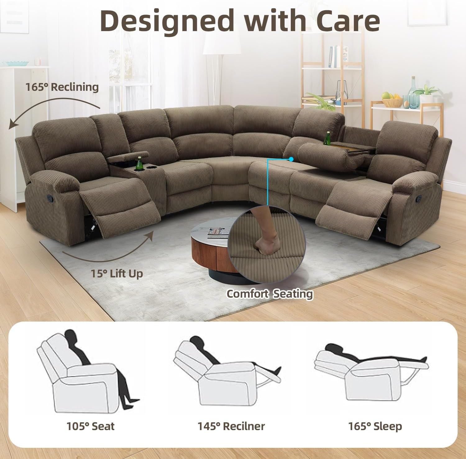 Manual Reclining Sectional Sofa Set, Living Room Furniture Sets, 6 Seats Corduroy Recliner Corner Sectional Couch with Cup Holders, Storage Console for Office/Home Theater (Coffee Brown)