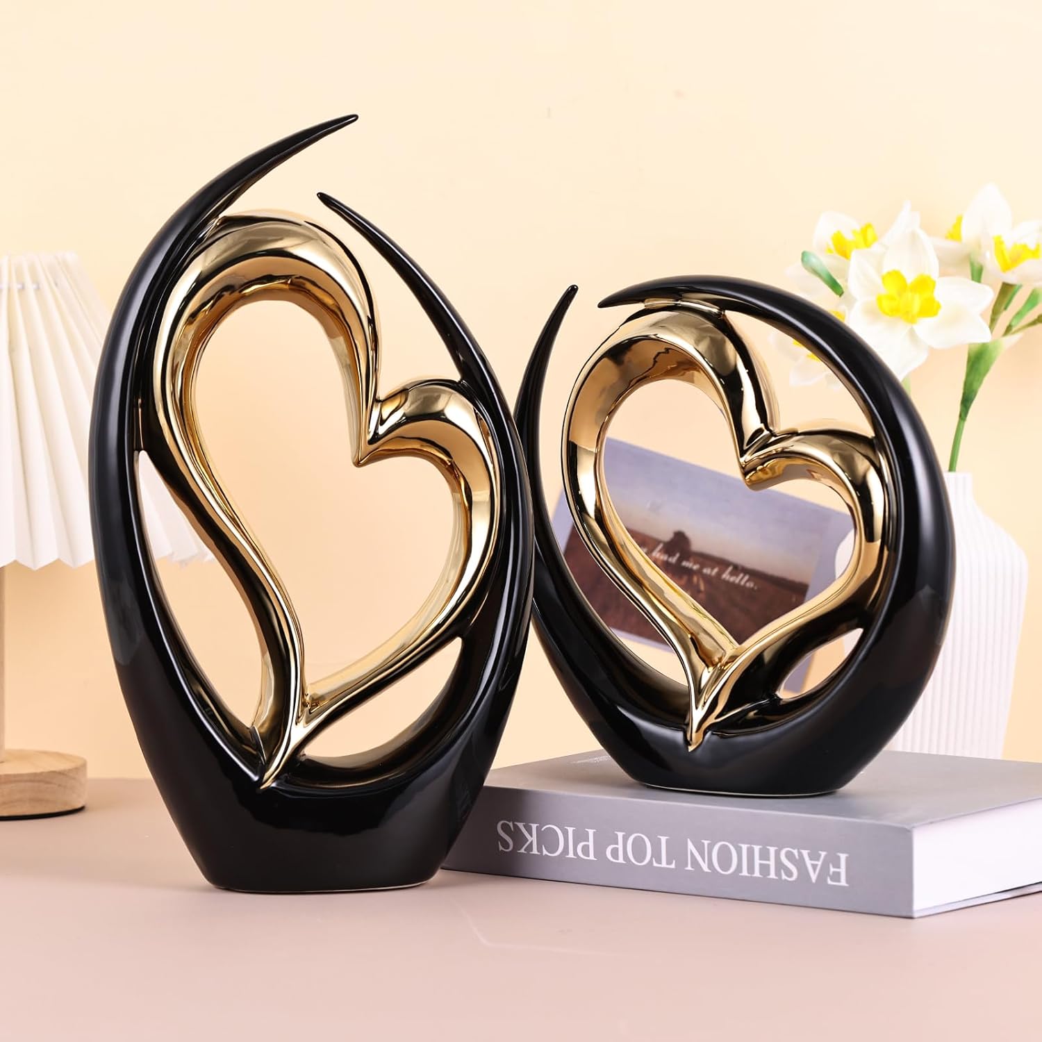 Ceramic Heart Decor Love Statue, Black Glod Double Hearts Sculptures for Home Table Centerpiece Decor, Valentine, Wedding, Decorative Items for Shelves, Coffee Table Decor (Hug Heart-Tall)