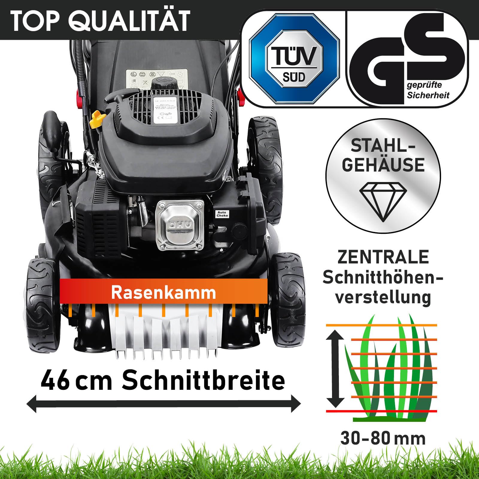 BRAST Benzin Rasenmäher mit Antrieb | 3,5kW(4,76PS) | 46cm Schnittbreite | viele Modelle | TÜV | 4 Takt OHV Motor | 30-80mm Schnitthöhe | 60L Fangkorb | Stahlgehäuse | 18170