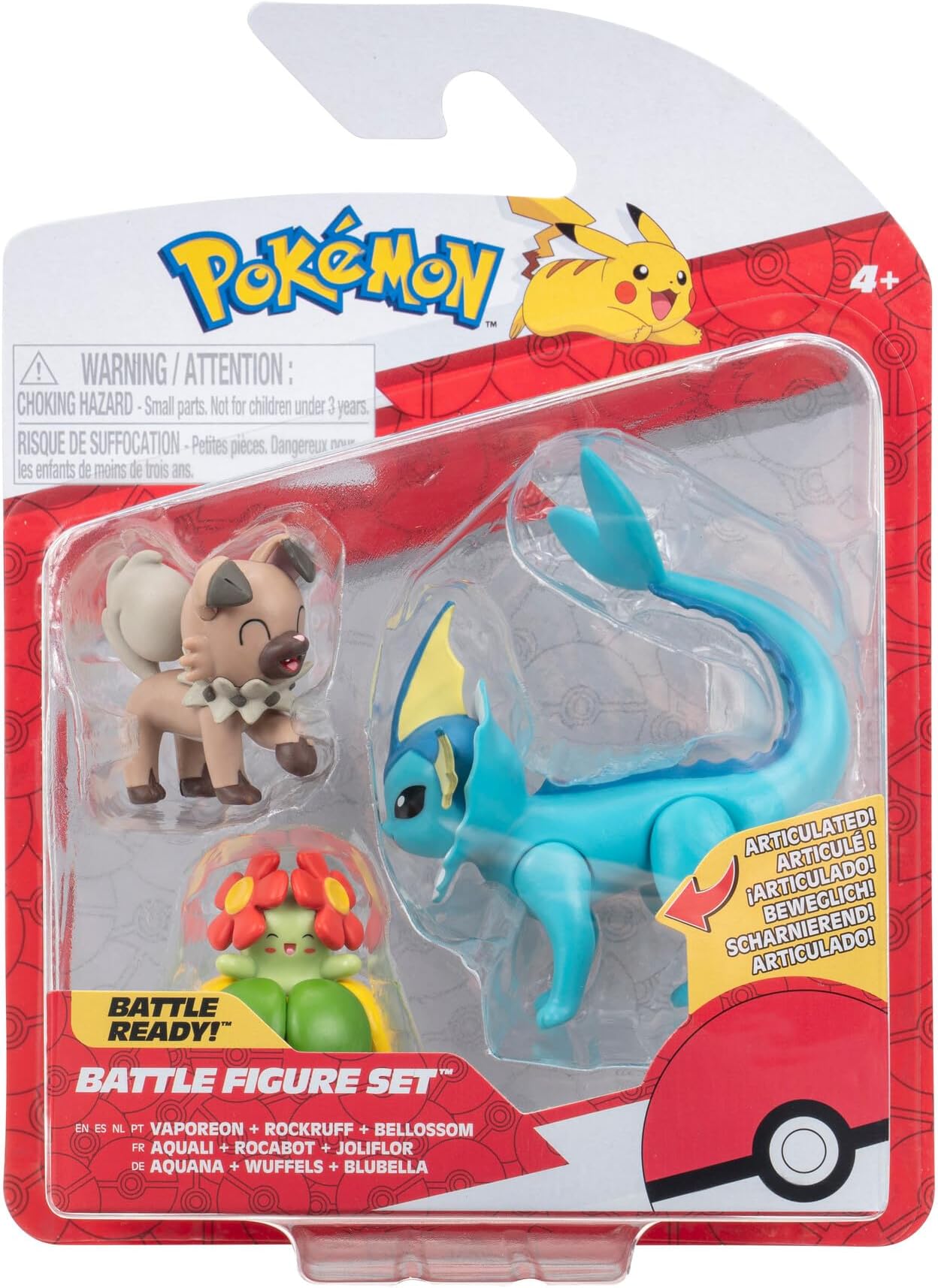 3 Pack-Features 2-Inch Rockruff and Bellossom and 3-Inch Vaporeon Battle Figures