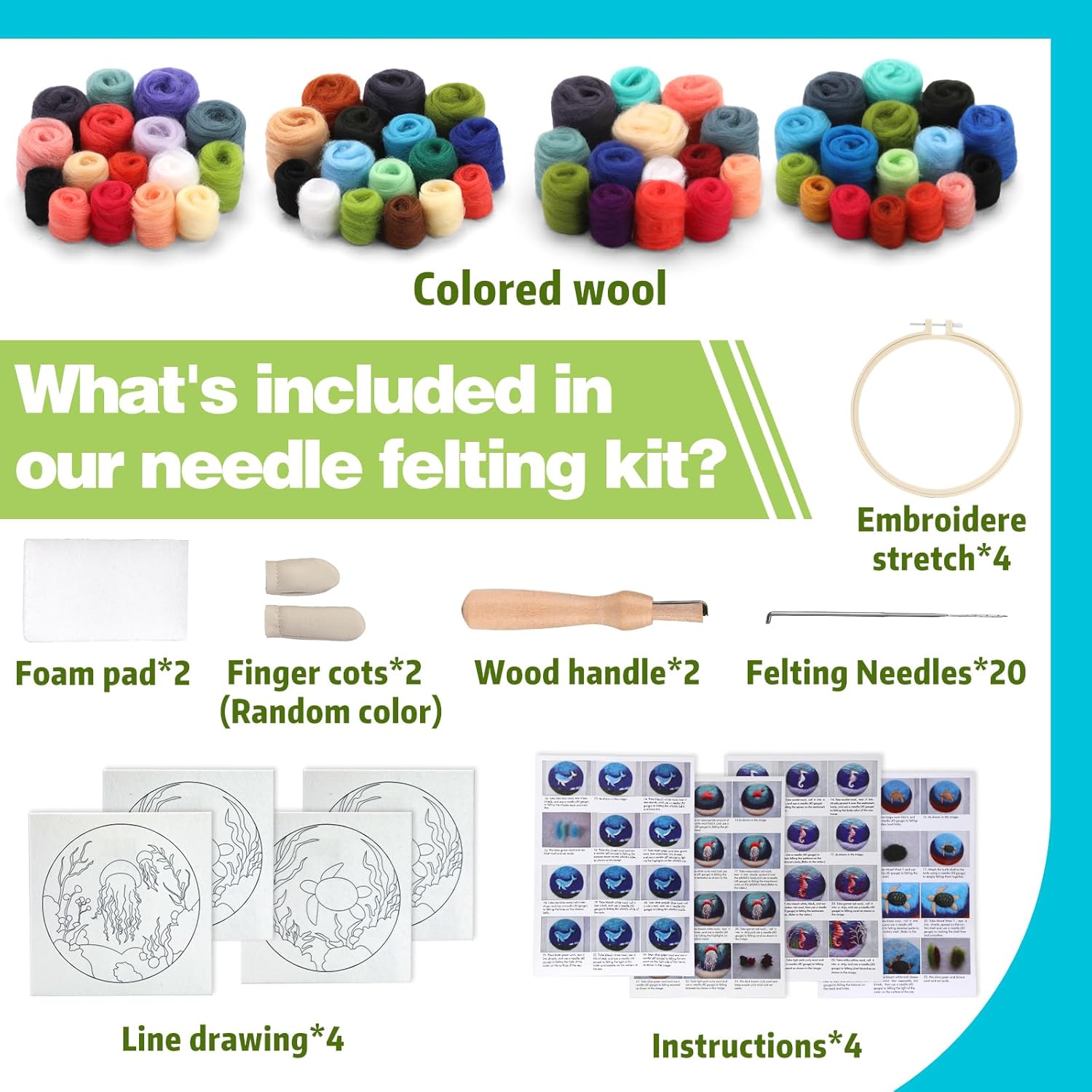 Fedmut Needle Felting Kit, Wool Felting Kit for Beginners Adult with Wool, Needles, Foam Pad, Felt Cloth and Instructions – 4 Set Sea Animals Painting Frame for Great Gift Decoration