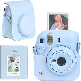 CAIYOULE Camera Case for Fujifilm Instax Mini 12 Instant Film Camera, Leather Protective Camera Crossbody Bag for Fuji Mini 12 with Photo Album, Adjustable Shoulder Strap, Pastel Blue, No Camera