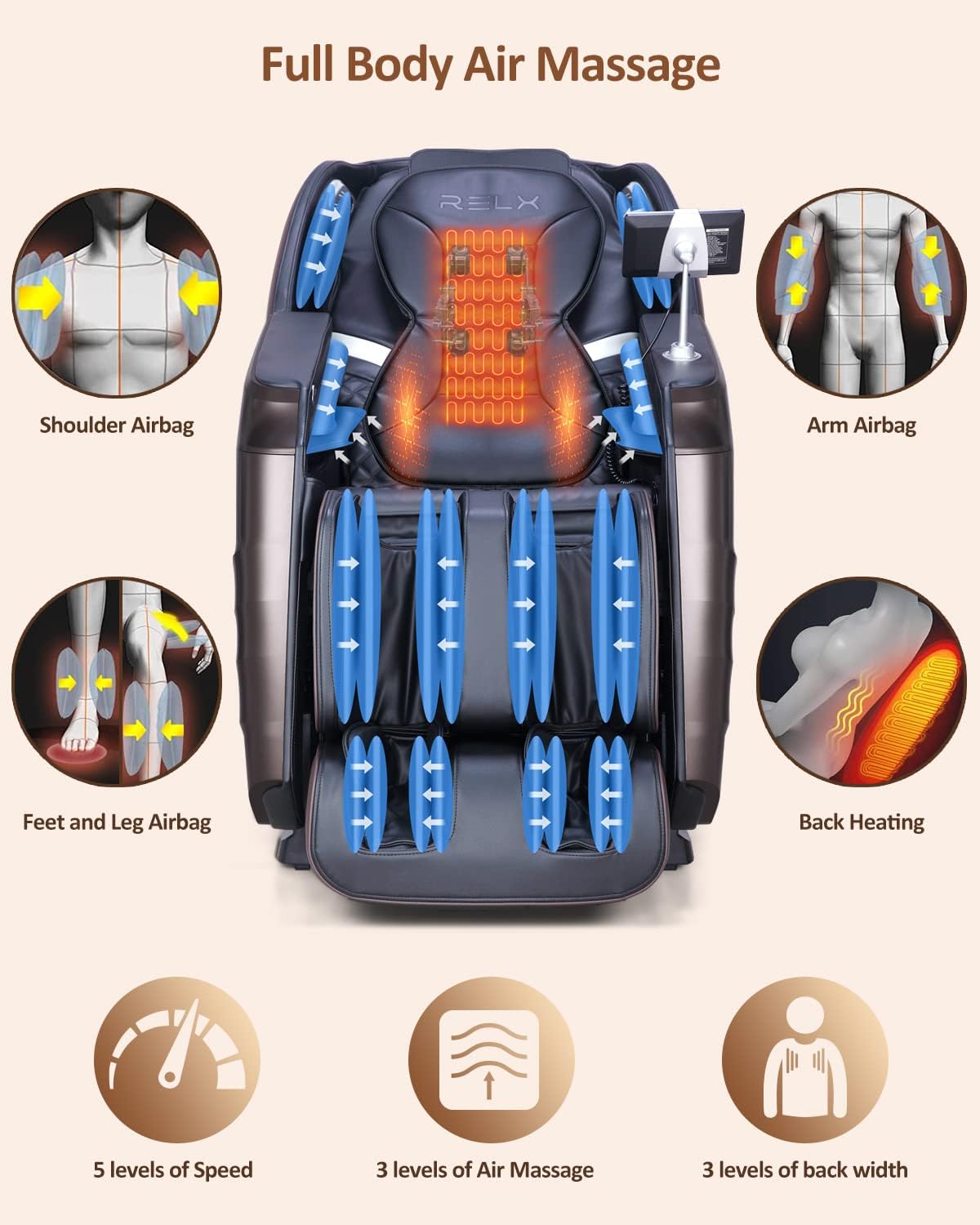 RELX Massage Chair Full Body, 15 Modes Zero Gravity SL-Track Shiatsu Massage Chair Built-in Heat System, Airbag Massage with Body Scan, Deep Yoga Stretch, Calfrest Extension and AI Control(Brown) - Image 6