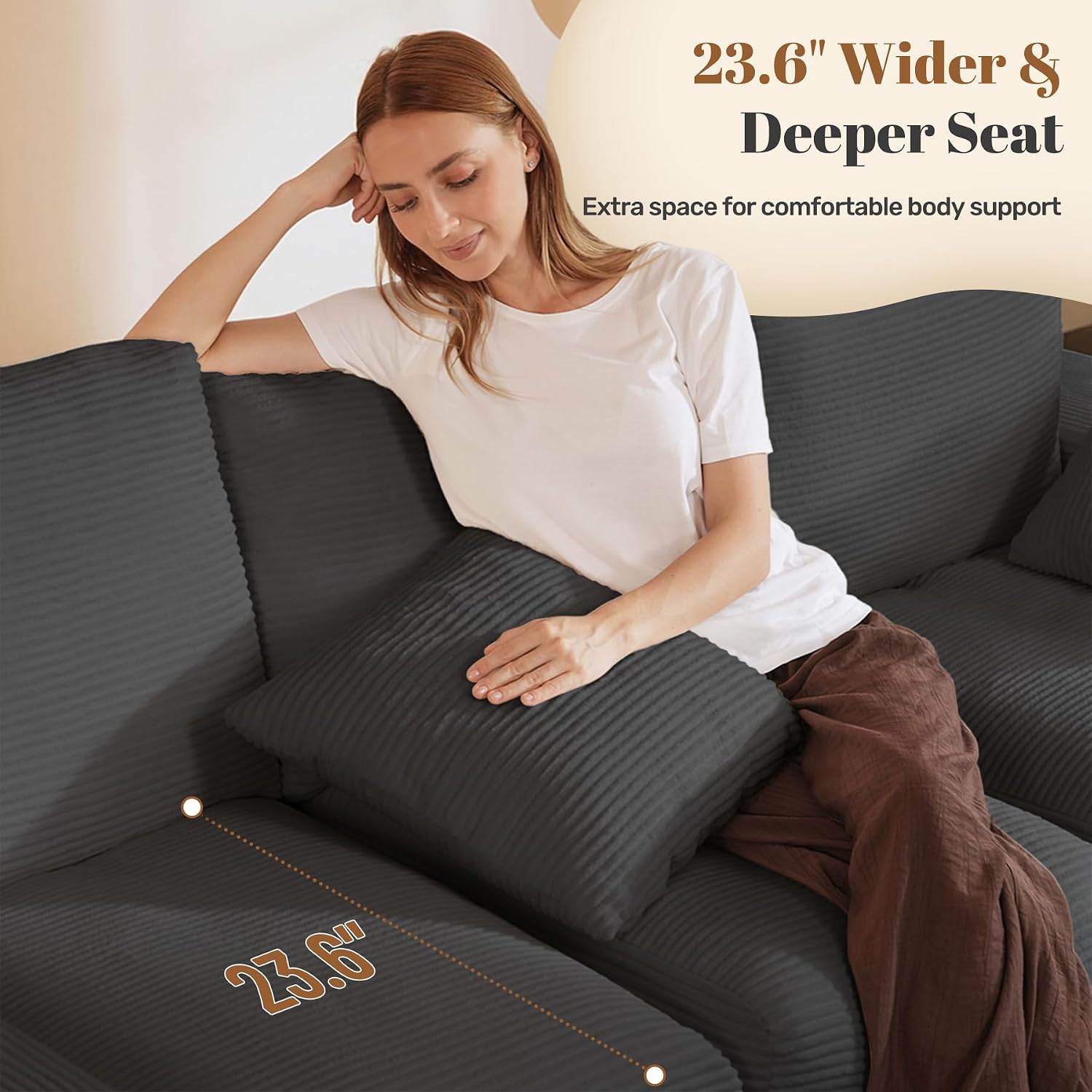 91.7" Dark Grey Corduroy 3-Seater Boneless Sofa Removable Cover Throw Pillows No Assembly