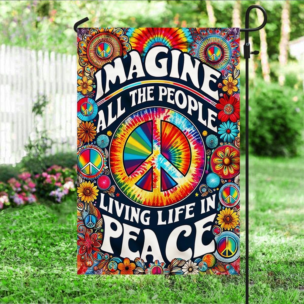 American Flag-Hippie Imagine All The People Living Life In Peace Flag TQN2342F, Garden Flag (11.5" x 17.5")-USA Flags Premium Polyester-Decorative Indoor Outdoor Flag