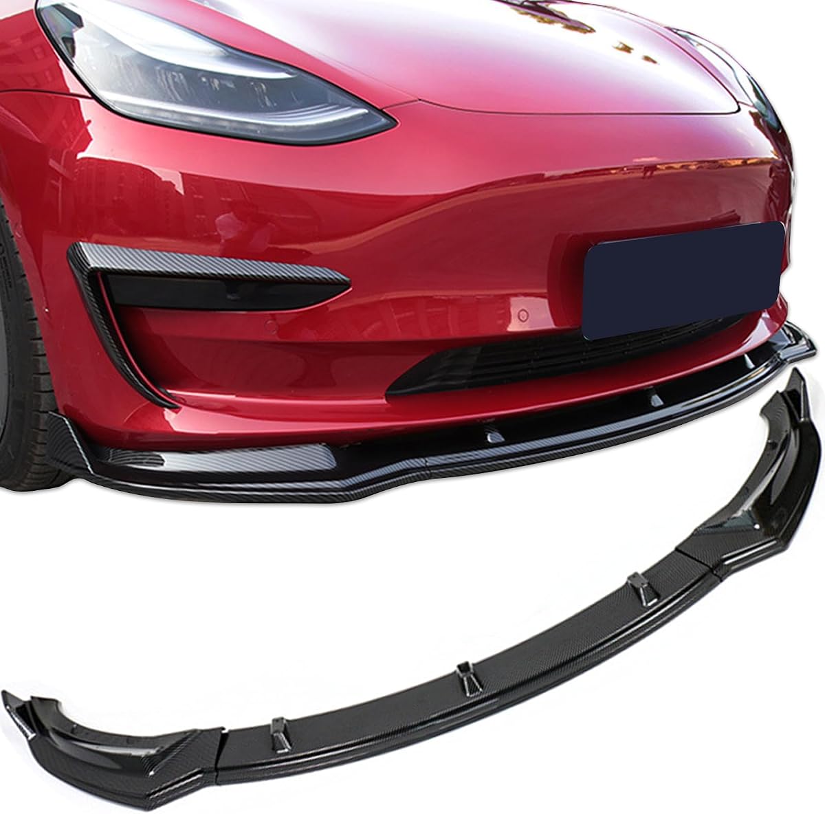 Fit Tesla Model 3 Front Bumper Lip Kit Front Spoiler Wing Glossy Carbon Fiber Splitter Trim Accessories 2017-2023