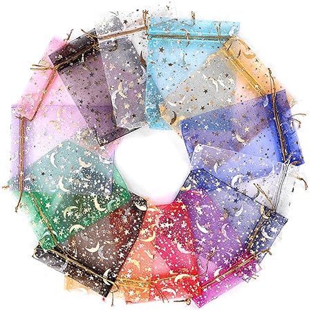 100-Pack White Organza Drawstring Bags - Stars & Moon Wedding Favor