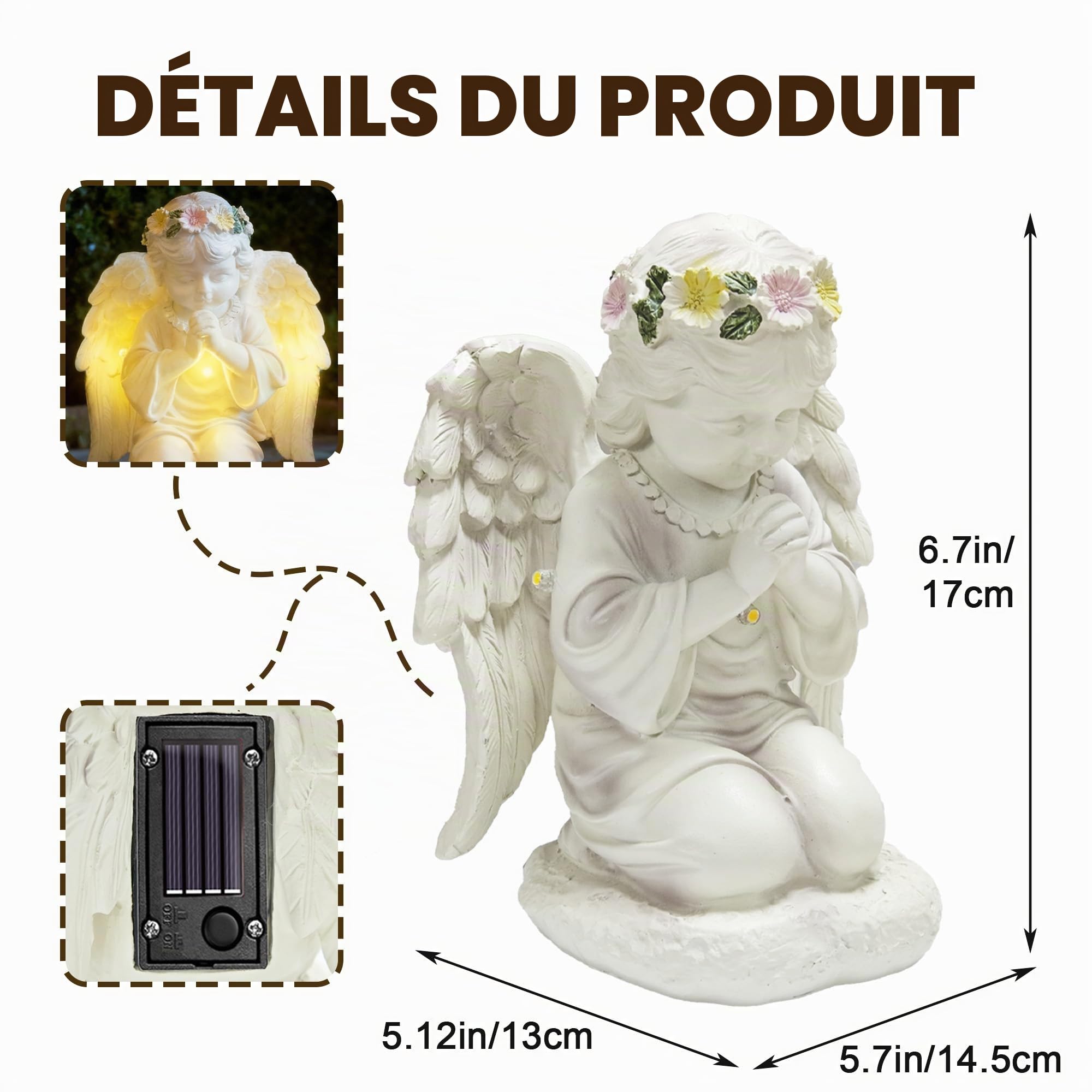 Figurine d'ange solaire pour tombe - Résistante aux intempéries - Statue d'ange gardien à LED de prière avec lumière LED à énergie solaire - Sculpture d'ange féérique - Convient pour les jardins, les