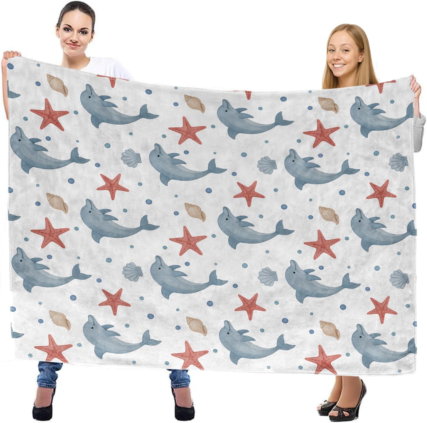 Cute Dolphin and Starfish Throw Blanket, Lightweight Warm Watercolor Ocean Marine Life Flannel Blanket, Home Decor and Gifts, Soft Cozy Blankets for Women Kids Boys Girls, 50"x60" for Bed Couch Travel - Image 2