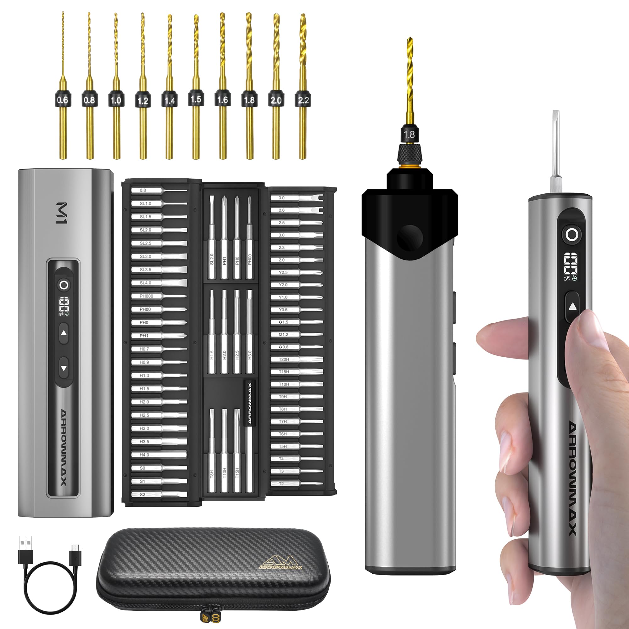 ARROWMAX 7.4V Mini Electric Screwdriver & Drilling Adapter, Mini Electric Drill Precision Screwdriver Set, 70 in 1 Bit, 5 Torque Settings, 5/32''Hex, Repair Tool for Phone Camera Laptop Watch (M1D)