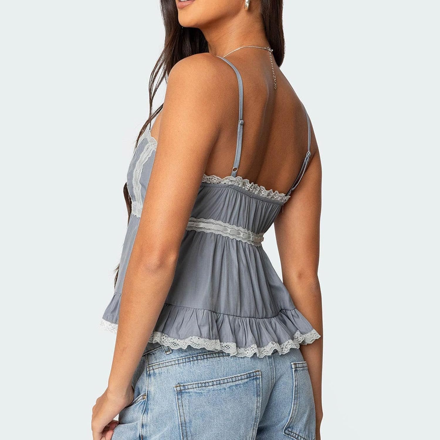 Women Y2k Lace Trim Spaghetti Strap Camisole Sleeveless V Neck Slim Fit Tie Front Backless Going Out Cami Tops - Image 5