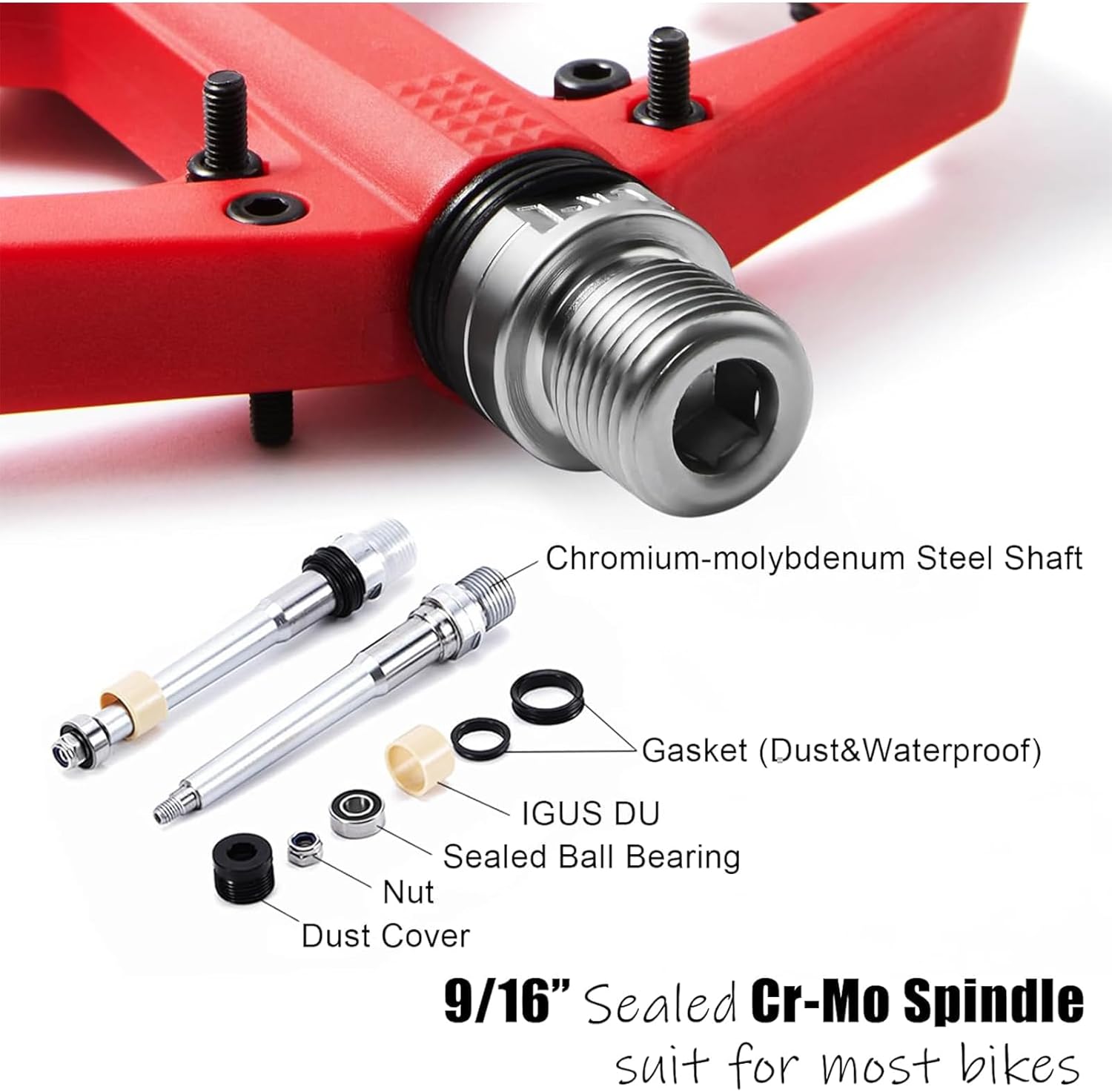 MTB Pedals, Large Platform with 18 Grippy Pins, Cr-Mo Spindle, Dual Bearings, Lightweight Nylon Fiber for BMX & MTB Bikes, 9/16