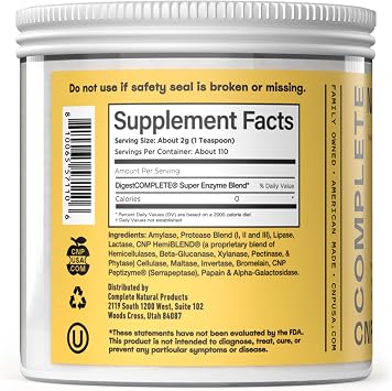 Complete Natural Products Digestive Enzyme Powder - Plant Based Blend, 8oz Glass Jar, Gentle Digestive Support