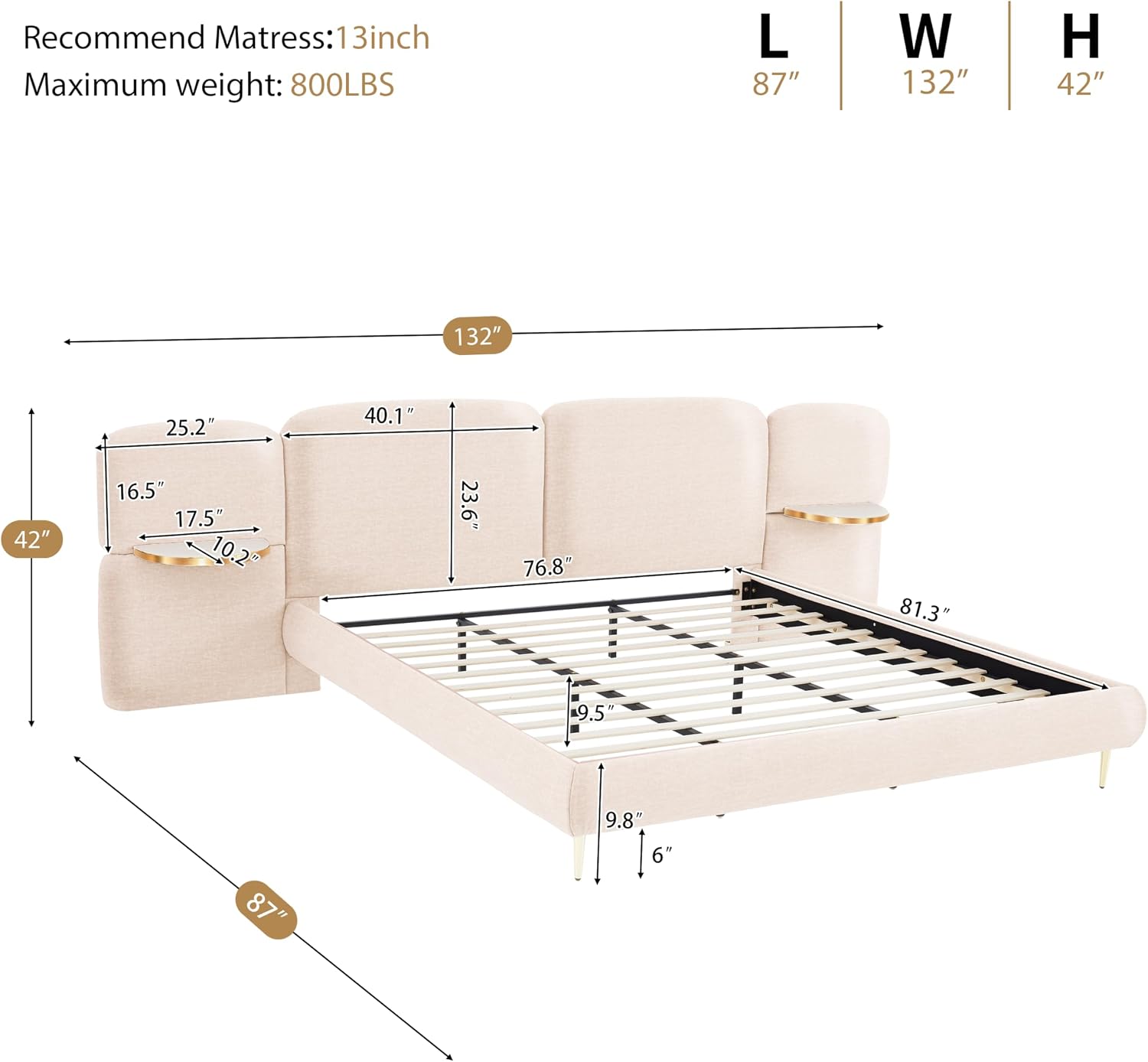 Christopher Knight Home Joplin Modern King Size Platform Bed Frame with Fabric Upholstered Headboard, Wooden King Size Bed Frame with Side Shelves, No Box Spring Needed, Easy Assembly, Beige