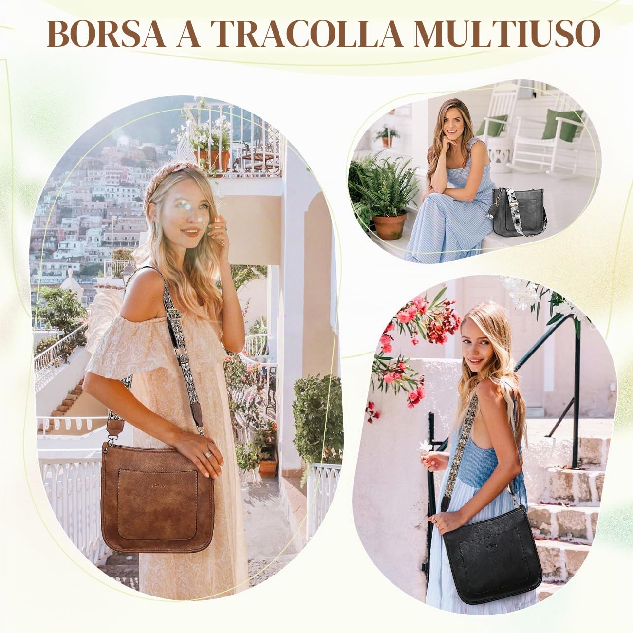 RAVUO Borsa a Tracolla Donna, Elegante Borsa a Spalla Donna Con 2 Cinturini Regolabili Borsa Pelle Impermeabile da Donna in Sintetica Pu con Tasche Multiple per Il Tempo Libero, Scuola, Viaggi