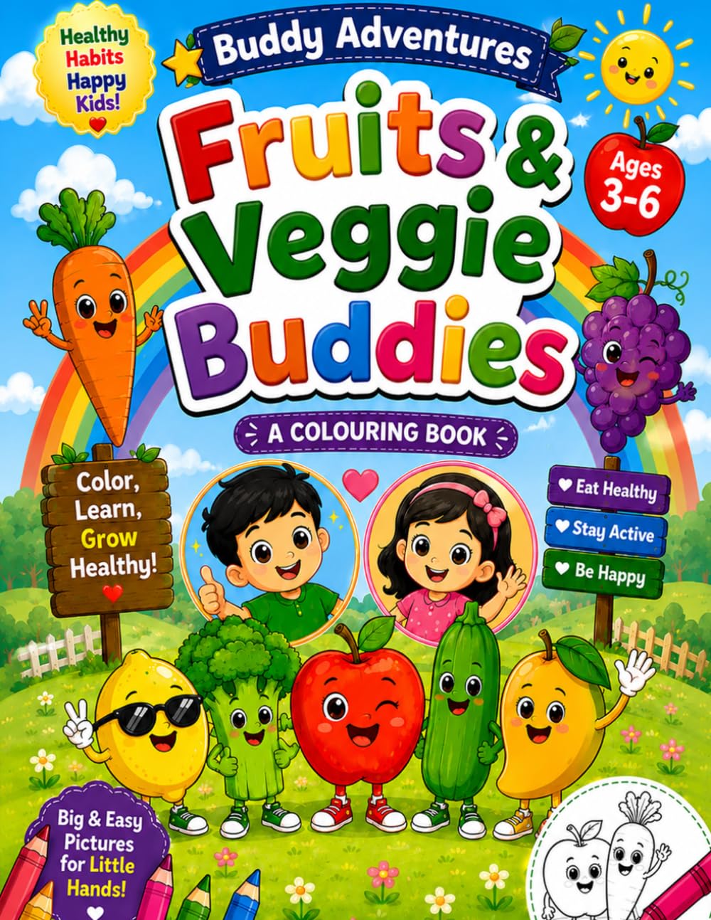 Healthy Kids – ABC Fruits & Veggie Buddies: Alphabet Coloring Book for Kids Ages 3–6 | Learn ABC with Cute Fruits & Vegetables | Easy Coloring Pages ... & Early Learning (Buddy Adventures)