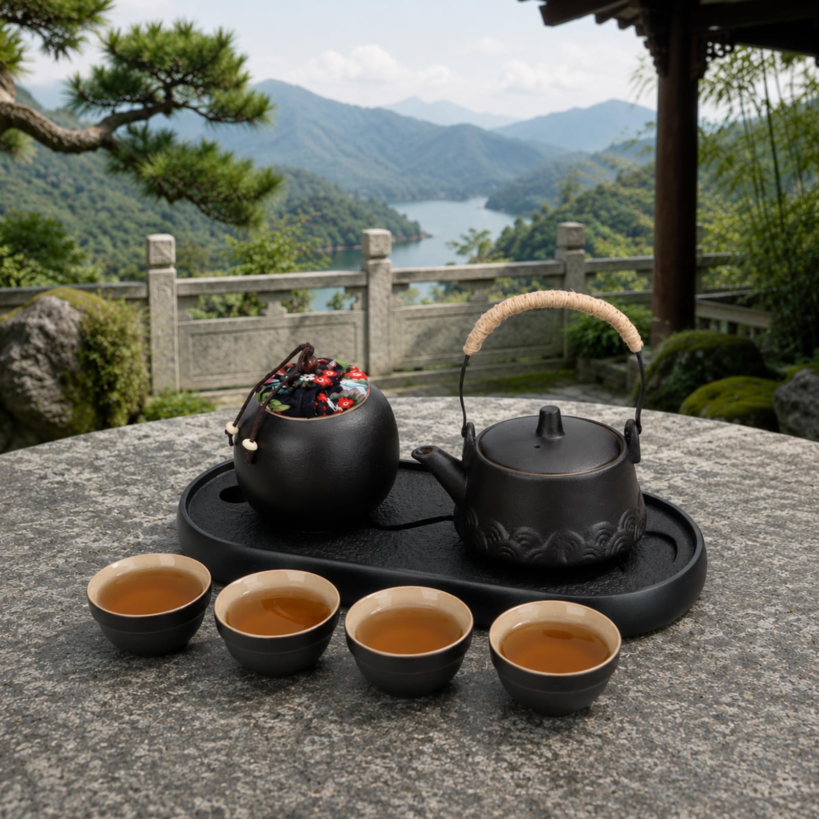 Chinesisches Gongfu-Tee-Set aus Keramik, 10 Stück Teekannen-Set Teeservice | All-in-One-Geschenktüte Teeservice, mit 230ml Porzellan Teekanne, 4er 45ml Keramik Tasse, für Geschenke, Outdoor, Reisen