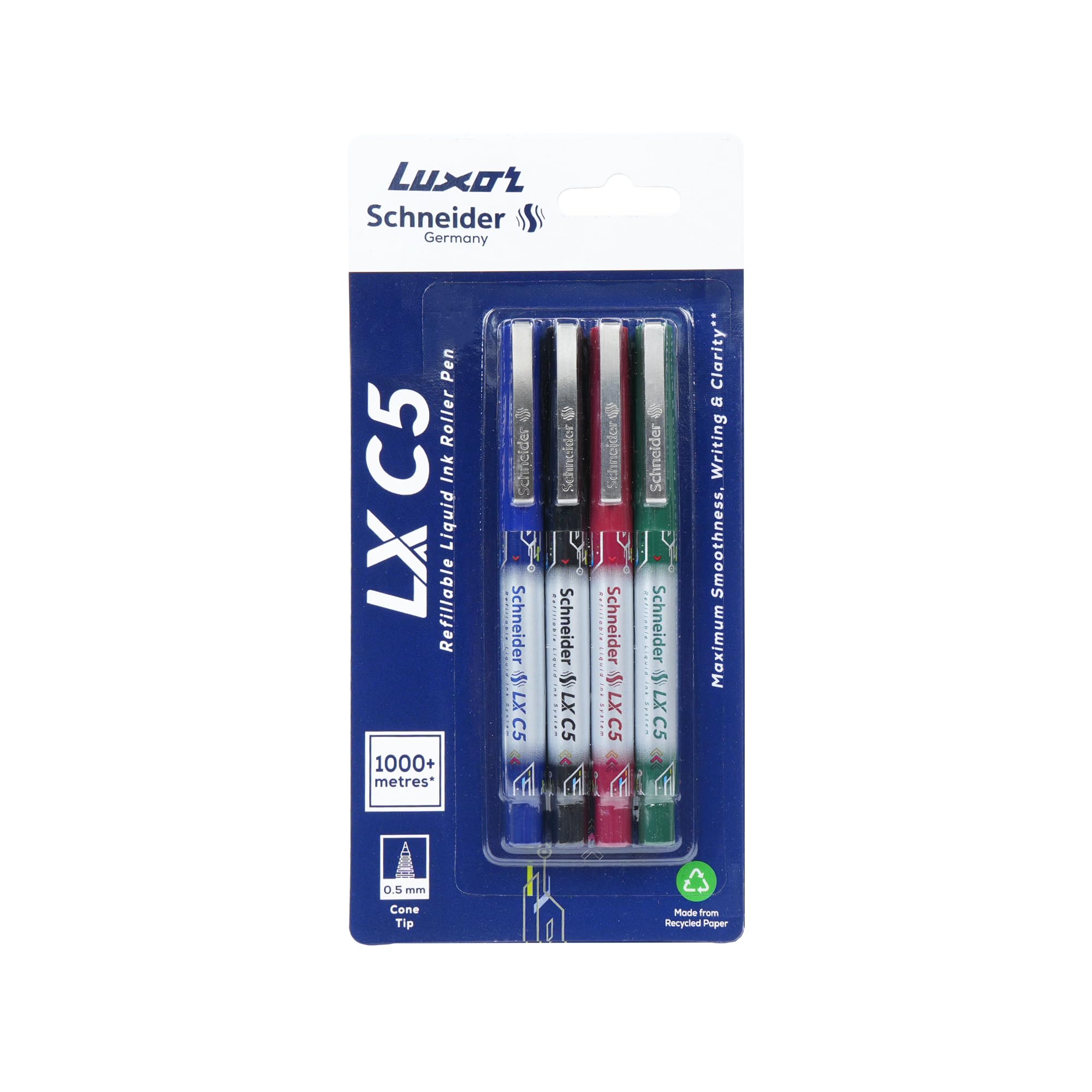 Luxor Schneider LX C5 Roller Pen, Pack of 4 Assorted, Cone Tip, 0.5mm, 100% German Technology, 1000+ mtrs writing length, Waterproof Ink, Ideal for Students and Professionals
