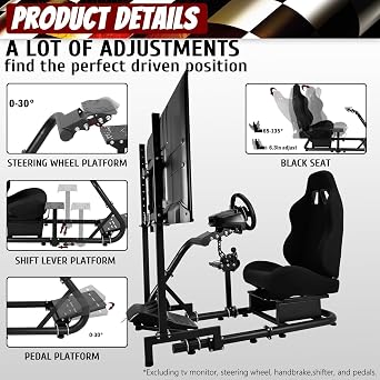 Supllueer Racing Wheel Stand with Monitor Mount Single Arm fits for Logitech G923 G920, for Fanatec, for Thrustmaster T300 T248 Black Seat 50mm Round Tube NO Steering Wheel Shift Lever Pedal Display
