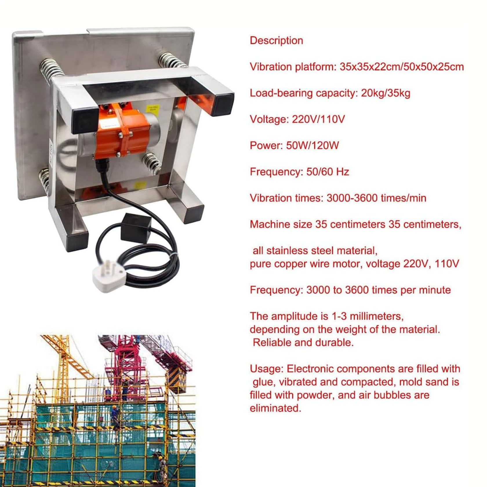 Mesa vibradora de hormigón, agitador eléctrico para pruebas de vibración, plataforma pequeña de acero inoxidable, 50 x 50 cm, 3000 rpm, bloque de banco de vibración