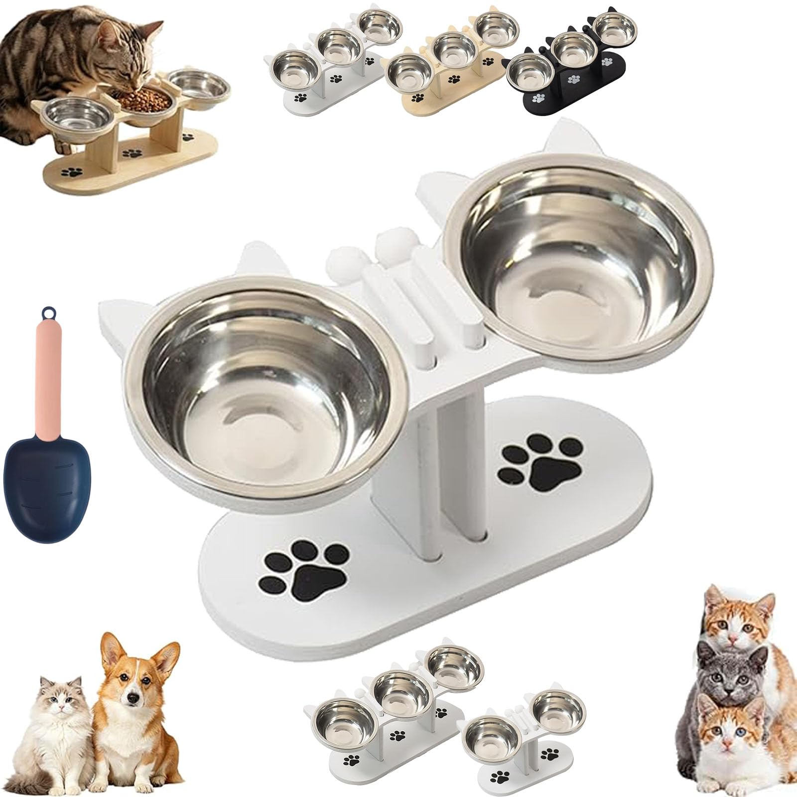 Anti-Slip Elevated 3-Bowl Pet Feeder, Non-slip Selevated Pet Feeder with 3 Bowl, 3-in-1 Elevated Cat Bowl with Stand Tilted, 15°tilted Reducing Neck Strain, For Cats and Dogs (White-Double bowl)