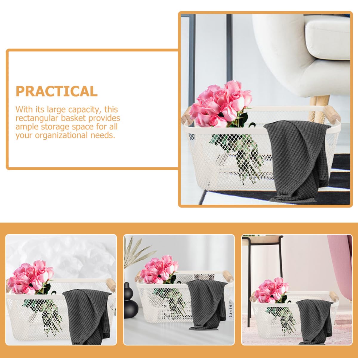 Cesta Gran Capacidad de Hierro de Almacenamiento Mango de Madera Estilo Nórdico Rectangular Blanco y Fácil de Transportar para Organización de Baño