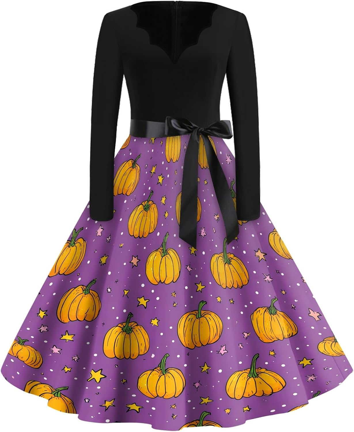 Womens Halloween Dress Long Sleeve V Neck A Line Midi Tree Print Pleated
