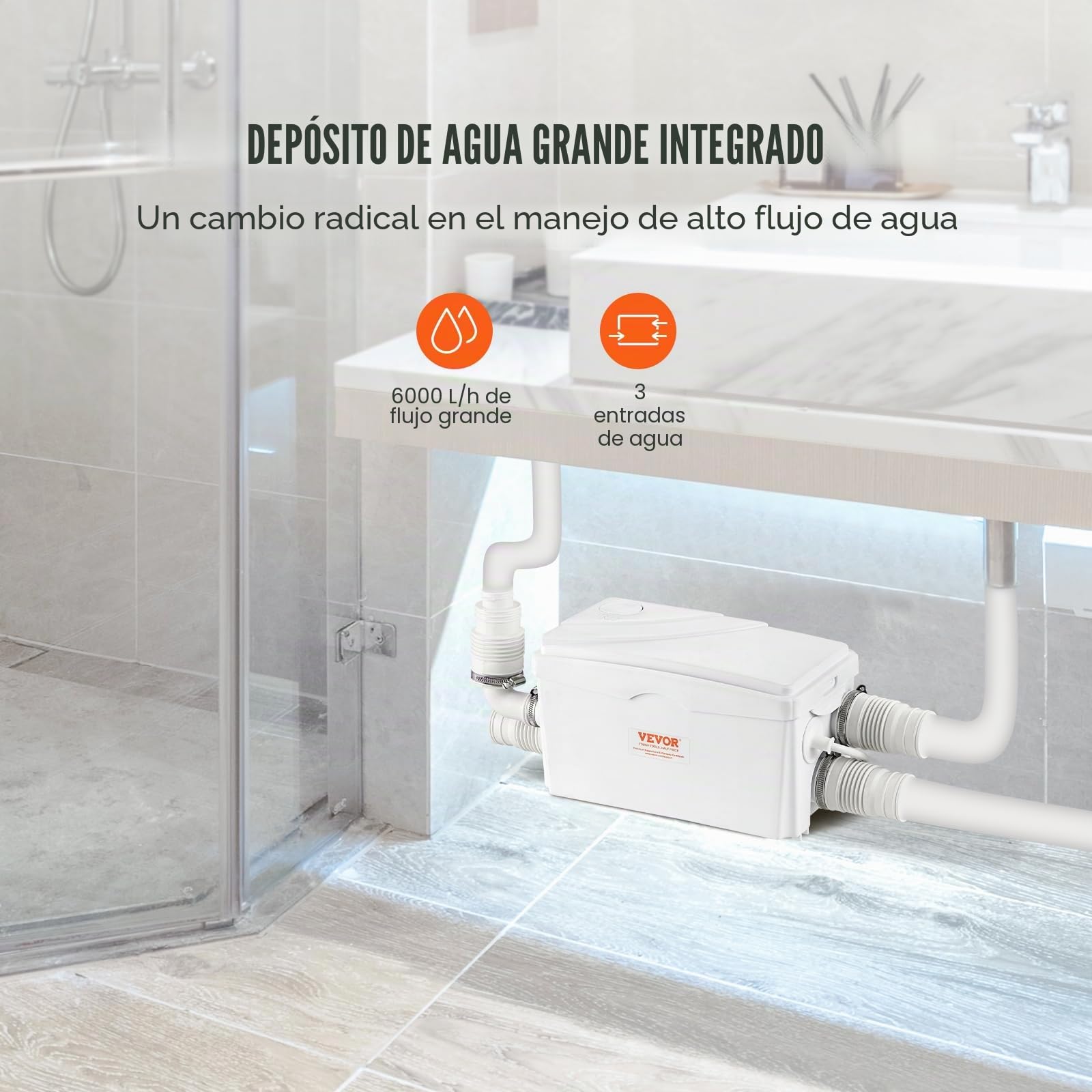 VEVOR Bomba Maceradora 350W 6000L/h Cabezal 7m Aguas Residuales 3 Entradas