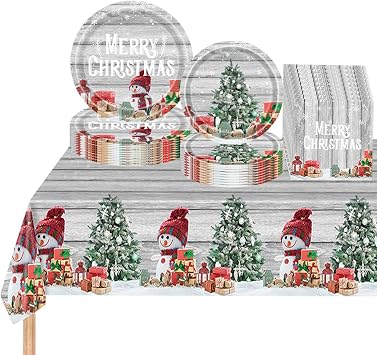 Yontree 41PCS Christmas Party Tableware Set Christmas Tablecloth Christmas Plates Napkins Xmas Dinnerware Christmas Party Supplies10 Guests