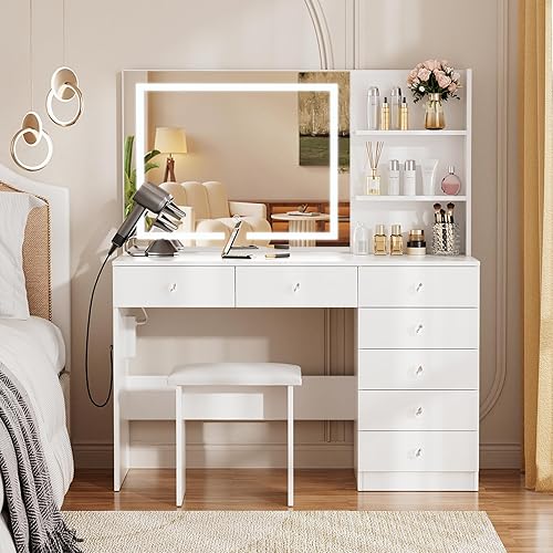 Miniatura 8 de VOWNER Tocador con espejo iluminado: escritorio de maquillaje de 47 pulgadas con 7 cajones, 3 estantes de almacenamiento y tomacorriente, 3 modos de