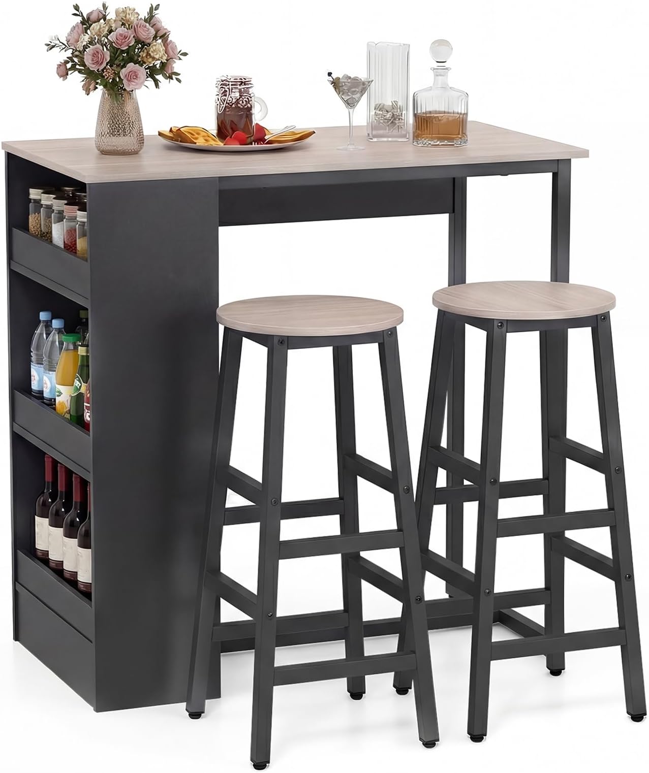 COSTWAY 3 Piece Bar Table Set, Dining Table and 2 Stools with 3-Tier Side Shelves & Footrest, Metal Frame Breakfast Counter Height Table Furniture for Home Kitchen Pub Cafe (Grey + Black)