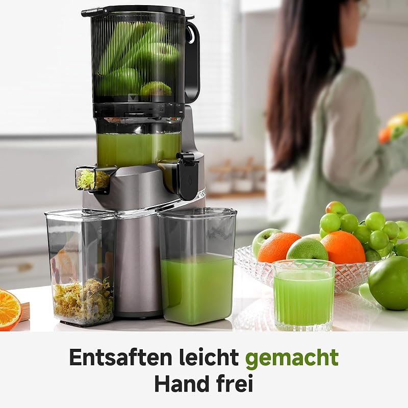 AMZCHEF Automata Gyümölcs- és Zöldségprés 250W - Széles 135mm Adagolónyílás, 1,8L Kapacitás, Hármas Szűrőrendszer, Hidegpréselés, Csendes Mo