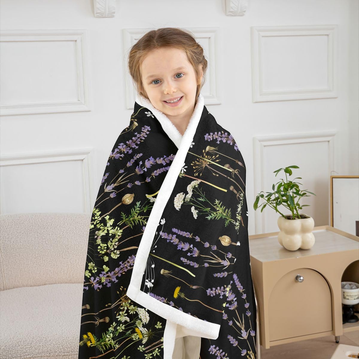 Homewish Czarny kwiatowy koc polarowy, 152 x 203 cm, wiosna, botaniczny kwiat, ciepły, pluszowy koc sherpa, boho, kwiaty, liście, puszysty, pluszowy, wiejski dom, boho, estetyczny do salonu, sypialni