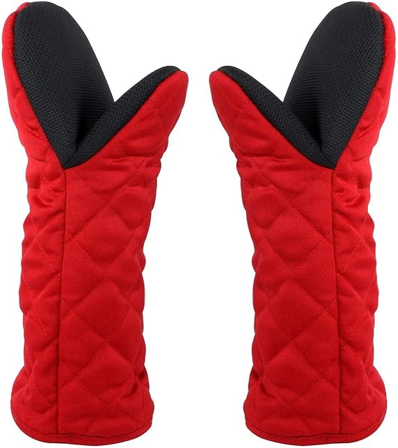 Oven Gloves Heat Resistant Gauntlet Long Oven Mitts Rubber Cotton Soft Hot Heat Proof for Kitchen Cooking Chef Home BBQ Grilling Baking Pizza Microwave Oven Double Pair for Women Mother Mum 500(Red)